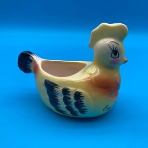 Vintage Yellow Ceramic Hen Egg Separator Anthropomorphic Chicken 1950s Kitsch
